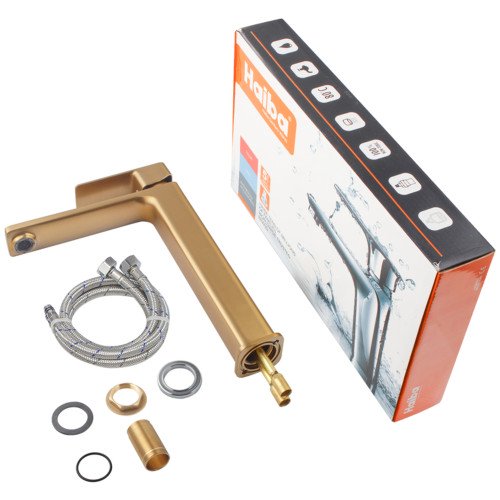 Смеситель для умывальника высокий Haiba KUBUS 001 (HIGH) BRUSHED GOLD (HB9623)